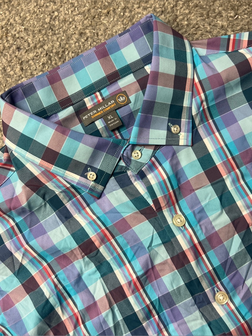 Peter Millar Summer Comfort Shirt Mens XL Blue Purple Check Performance Nylon